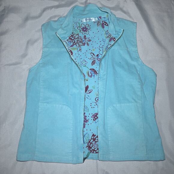 Fresh Produce Vest Womens XL Light Blue Corduroy Full Zip Floral Lined **READ** - Picture 1 of 11